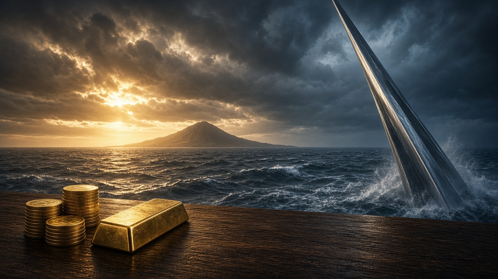 Cinematic storm over rough seas with Diamond Head in the distance, a polished steel spike rising out of the water, and gold bars and coins on a dark wood rail in the foreground — Tuesday RTH Market Prep cover.