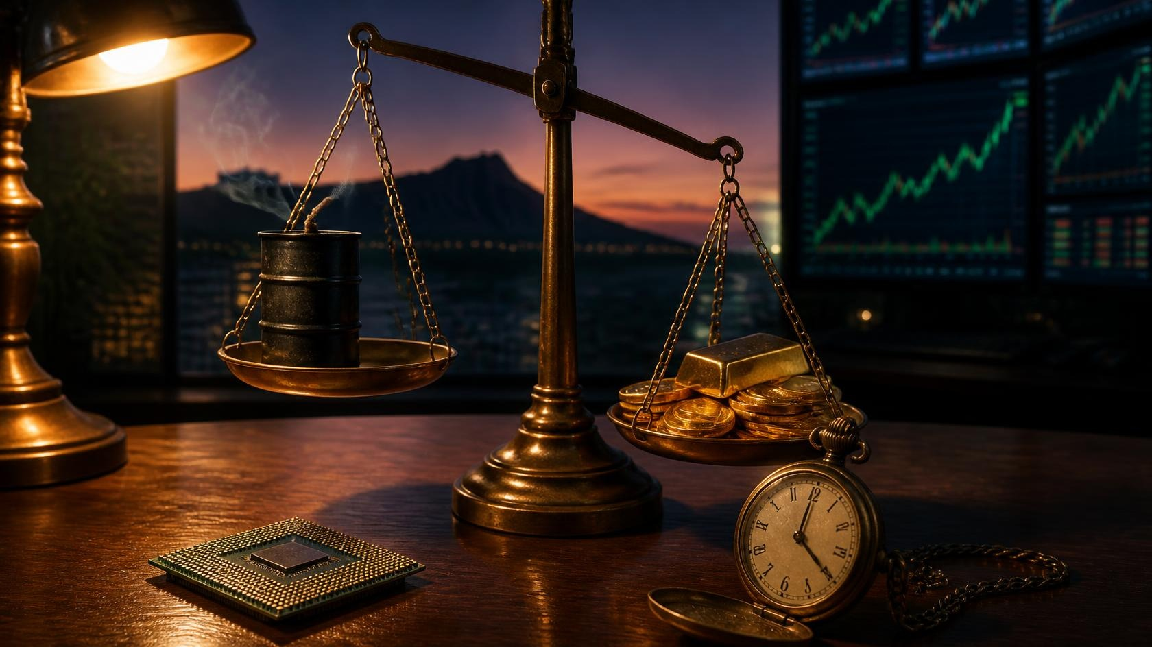 Brass balance scale on a koa desk before dawn: a small black oil barrel with a snuffed, smoking fuse rides high on one pan while gold coins and a gold bar weigh down the other, with a microchip and an open pocket watch in front, green rising charts on monitors and a dawn Diamond Head silhouette behind.