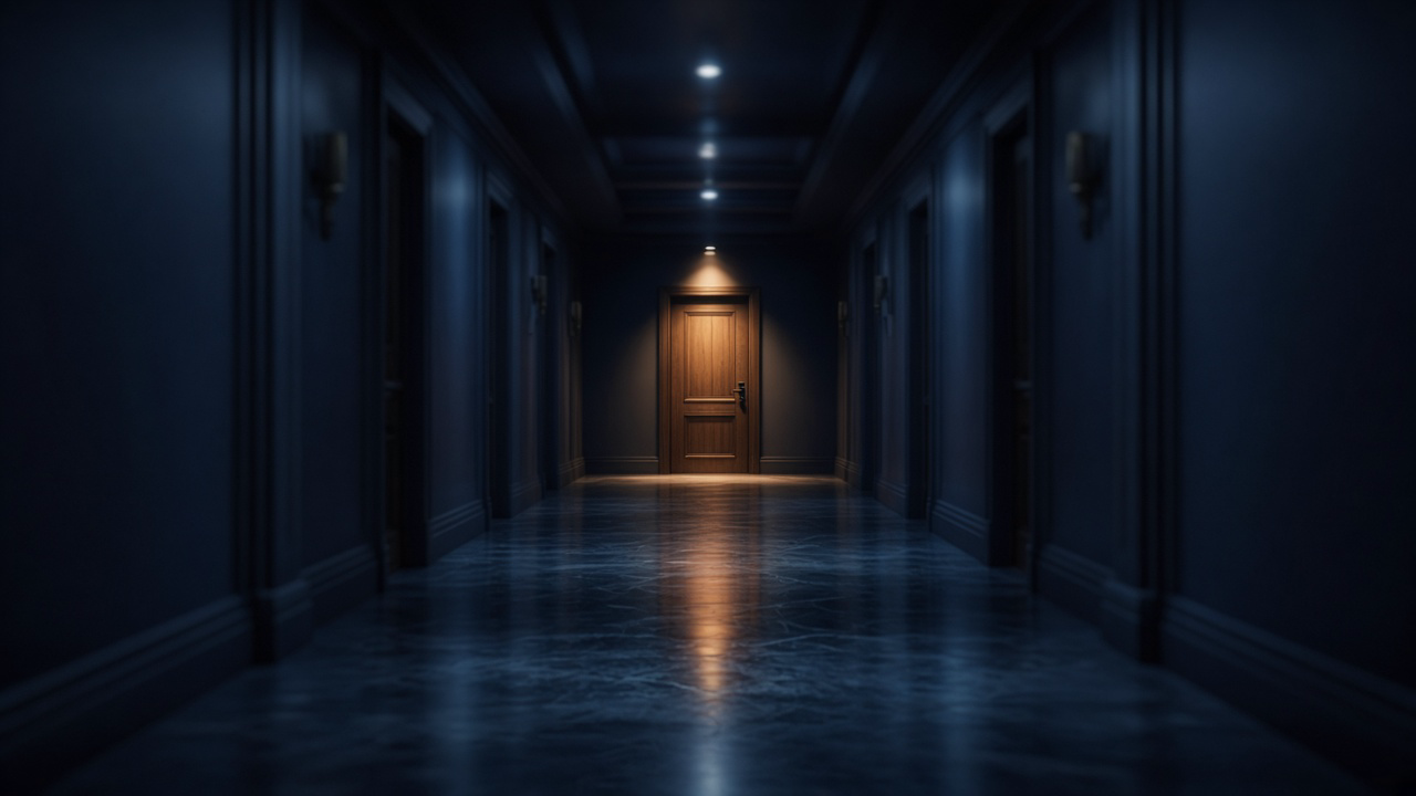 Dark corridor at night — a sealed wooden door at the far end under one ceiling light, polished floor reflecting the glow.