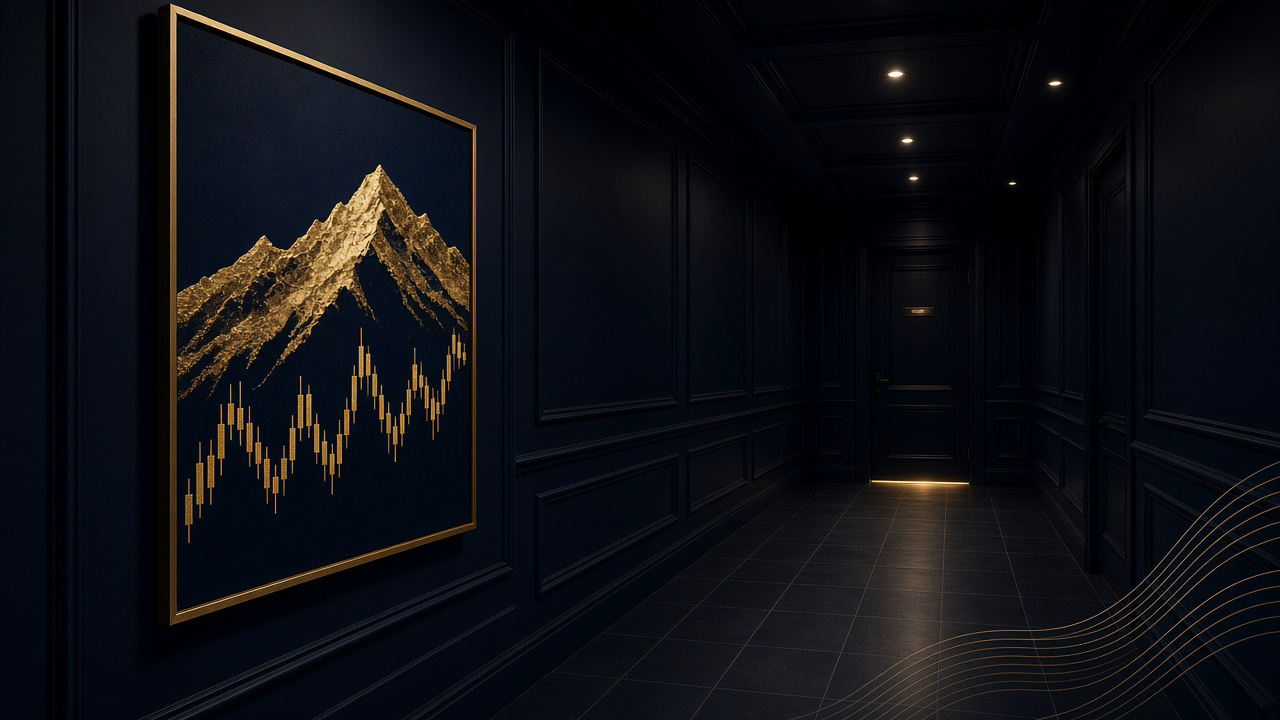 Dark hallway at night — a gold candlestick chart on the left wall, sealed door at the far end with light under the threshold.
