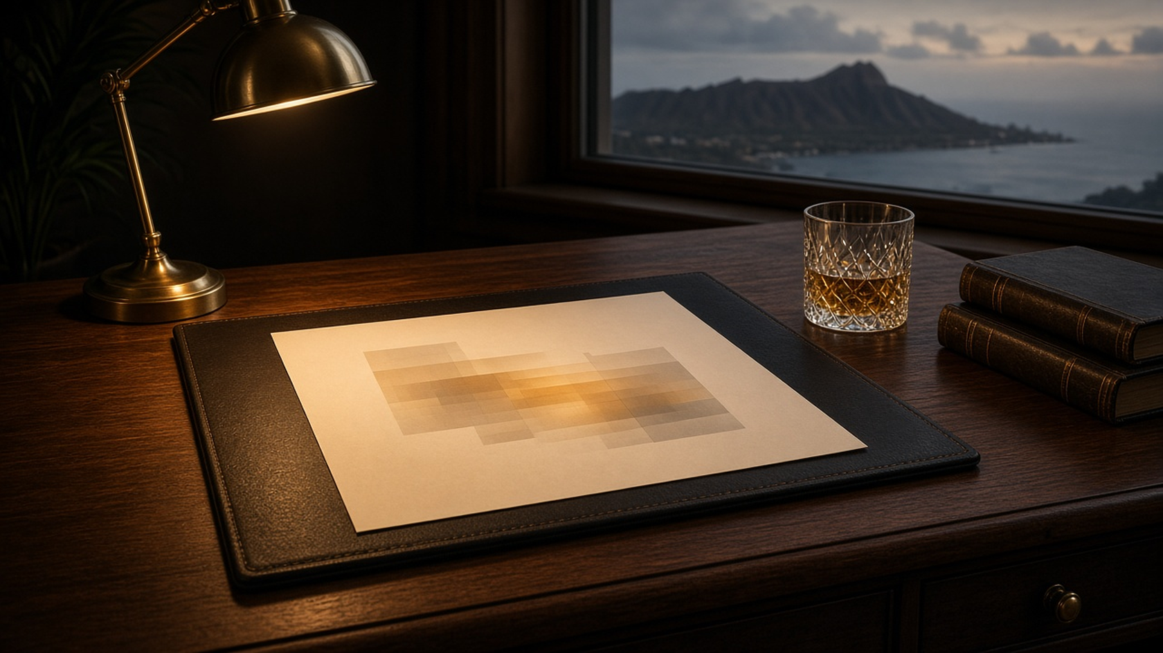 Low-lit wood and leather desk with a soft glowing session-range chart sheet — cover for Session Ranges Are the Map.