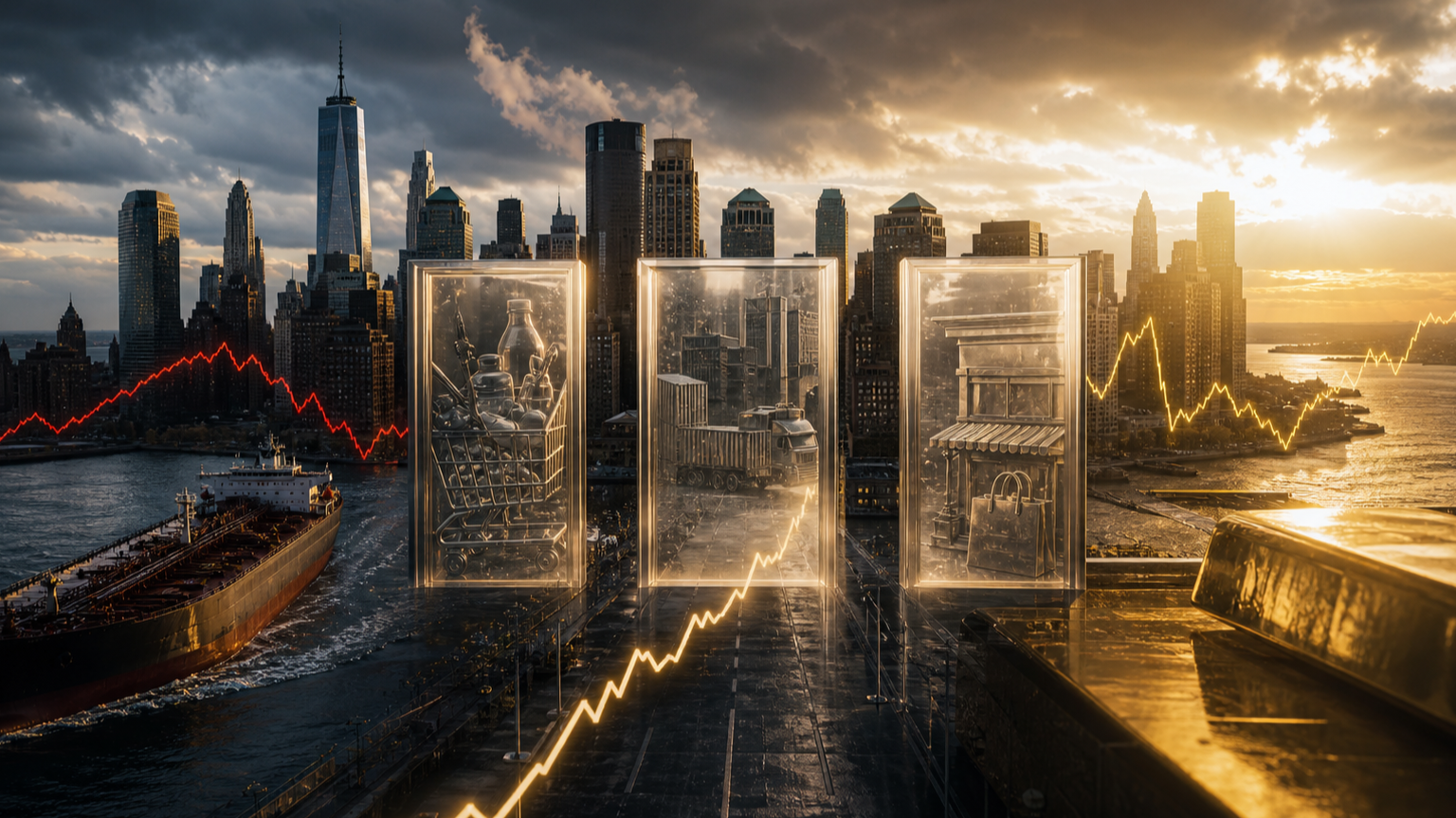 A cinematic New York macro crossroads shows an oil tanker, gold, consumer, industrial, and retail gateways before a high-impact inflation week.