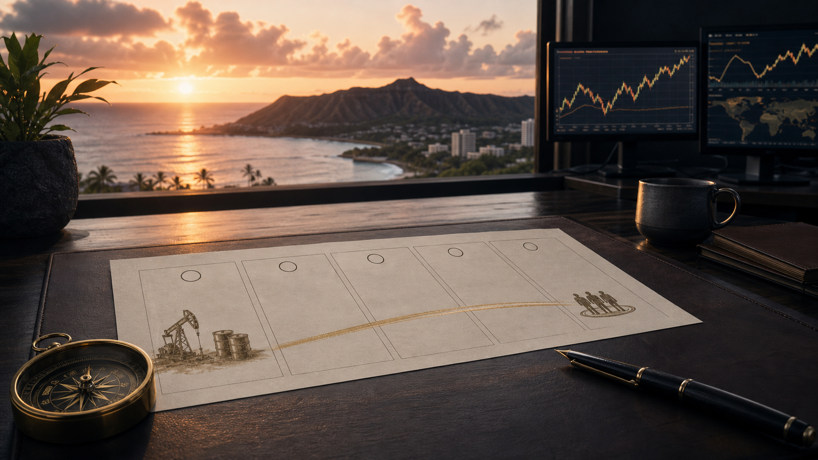 A disciplined futures trading desk at sunrise maps equity recovery, falling crude, Treasury yields, breadth, and the approaching jobs report.