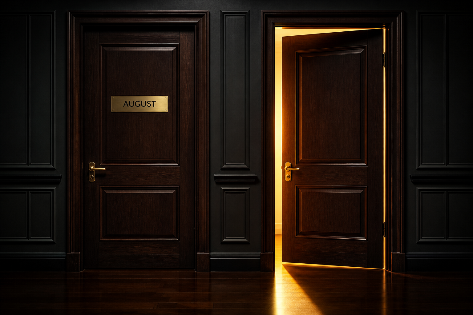 PonoTrading Week Ahead cover: a closed August door beside a September door slightly ajar, gold light on a dark floor.