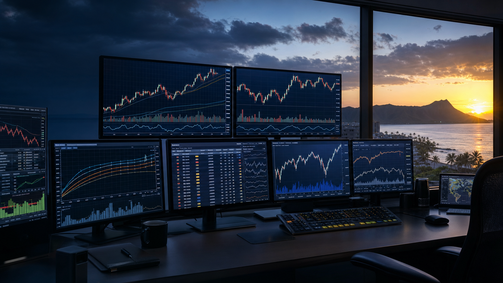 A professional futures trading desk overlooking a Hawaiian sunrise with market structure, yield, and economic-calendar screens prepared for a catalyst-heavy week.