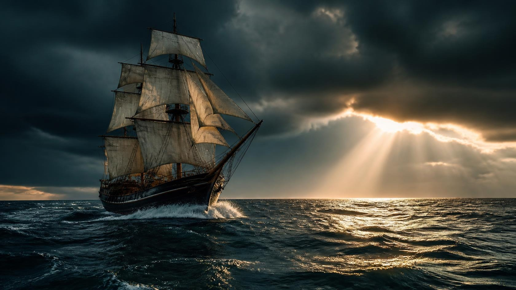 A three-masted tall ship under full sail heads into a wall of dark storm clouds on a rough open ocean as a shaft of golden light breaks through ahead.