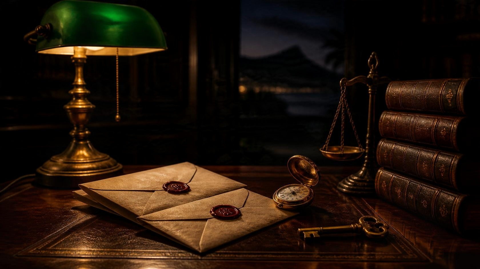 Two wax-sealed envelopes, an open gold pocket watch, a tipped brass scale and a brass key on a low-lit koa desk beside leather-bound books and a green banker's lamp, with Diamond Head dim through a far window.