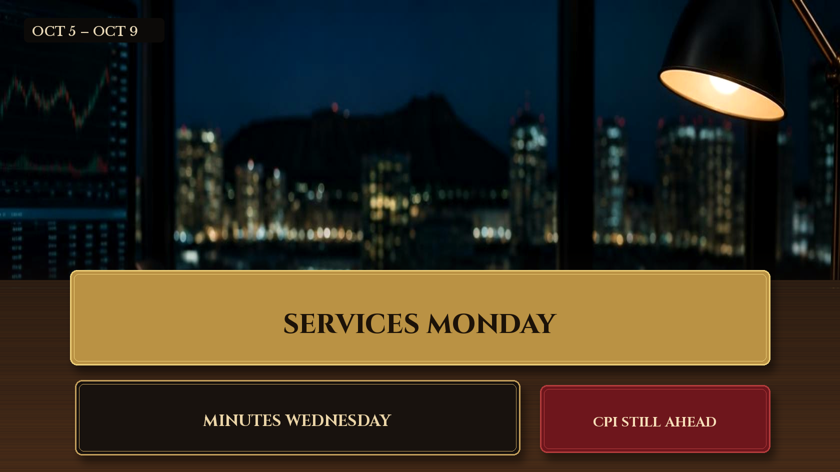 Night trading desk with gold SERVICES MONDAY plaque, MINUTES WEDNESDAY blotter, and CPI STILL AHEAD ticket; Diamond Head only in the window haze.
