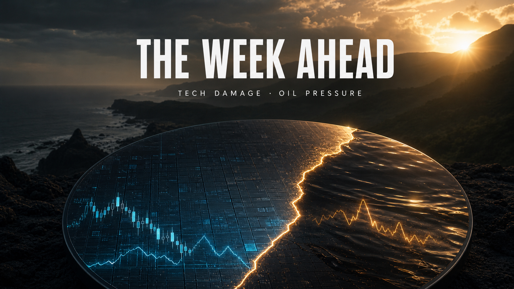 The Week Ahead thumbnail showing a semiconductor wafer divided between cool technology-market damage and warm oil pressure over a Hawaiian coastal sunrise.