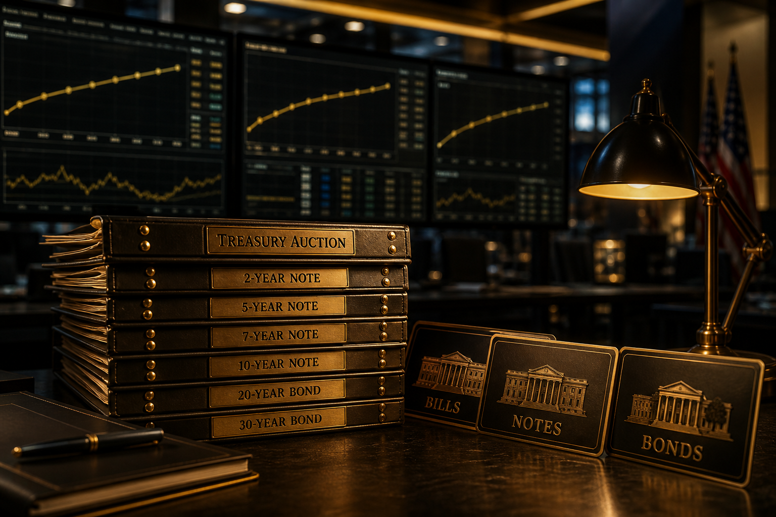 Dark trading desk stacked with gold-labeled Treasury auction binders for bills, notes, and bonds under a brass lamp — Week Ahead Sep 7–11 CPI week after Labor Day.