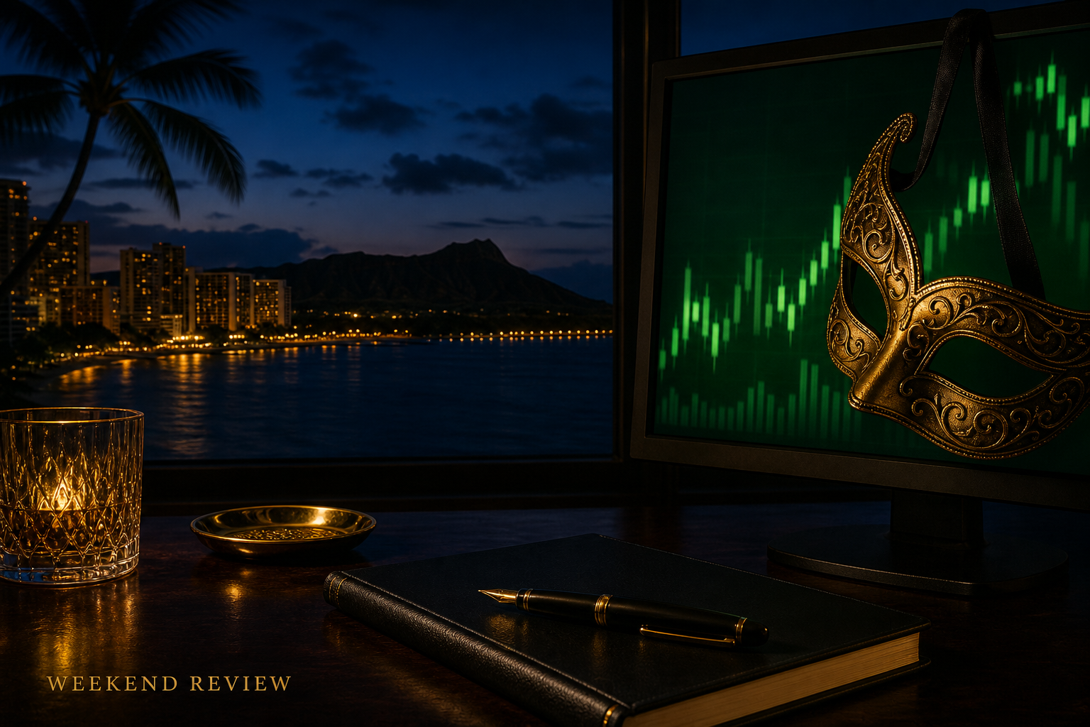 PonoTrading Weekend Review cover: a gold theatrical mask on a dark trading desk, the costume that looked like a market.